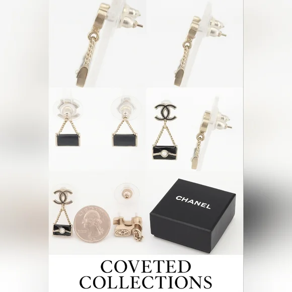 Chanel Black Enamel Bag Dangle Earrings with Pearl Accent Authentic Vintage - Picture 9 of 10